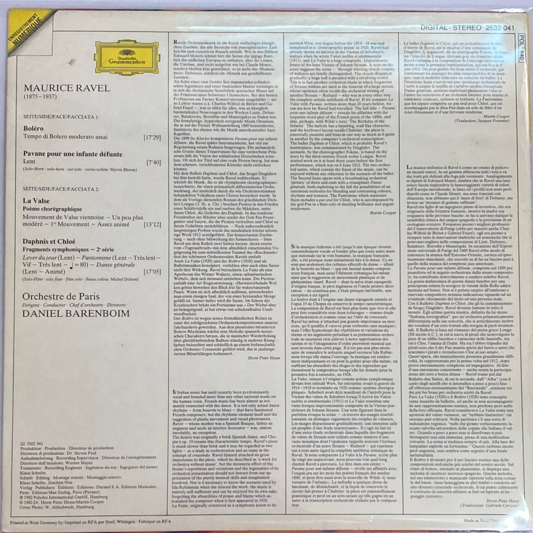 แผ่นเสียง Maurice Ravel · Orchestre De Paris · Daniel Barenboim - Bolero · La Valse · Pavane Pour Une Infante Défunte · Daphnis Et Chloé: Suite No. 2 (Vinyl) (VG+)