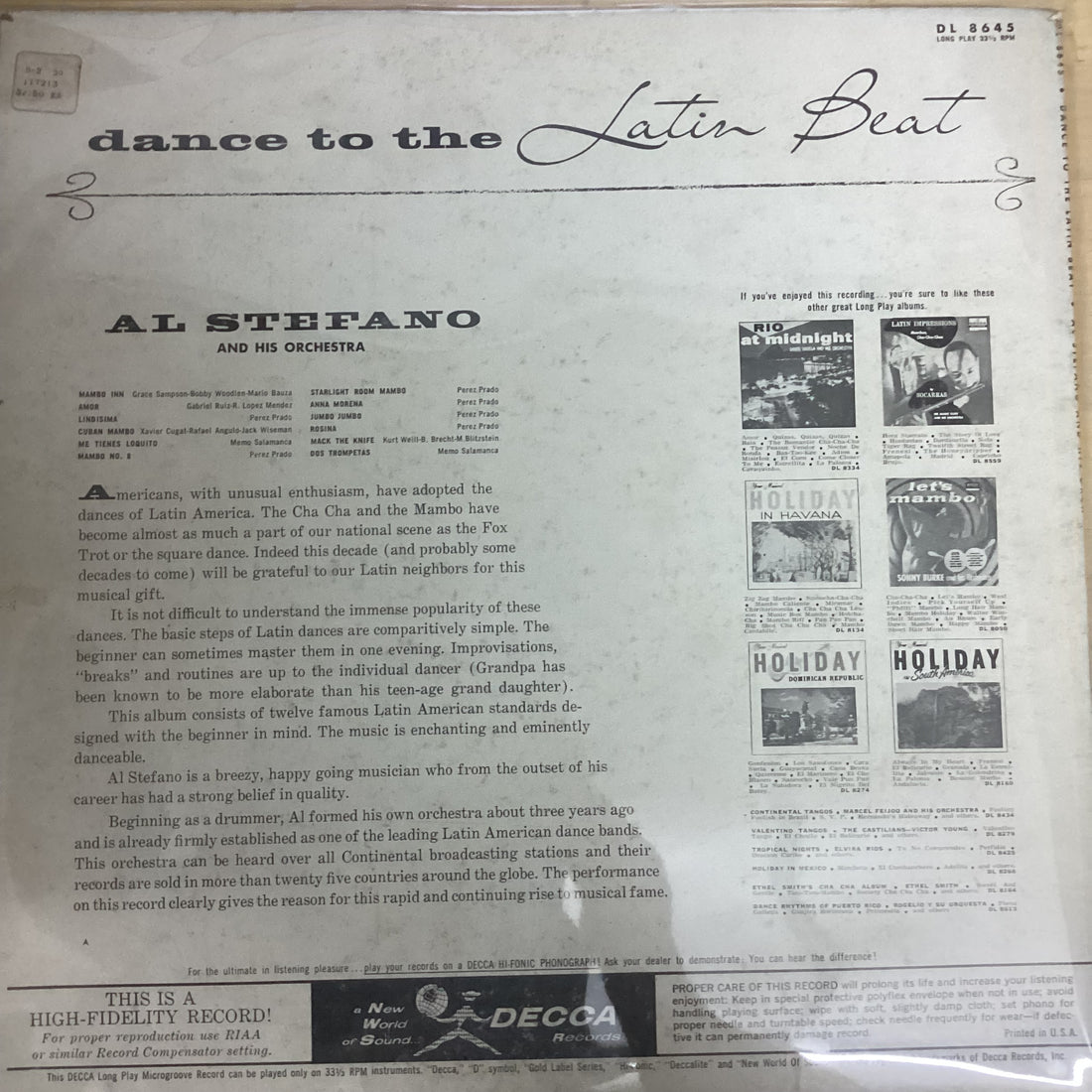 แผ่นเสียง Al Stefano And His Orchestra - Dance To The Latin Beat Vinyl VG+
