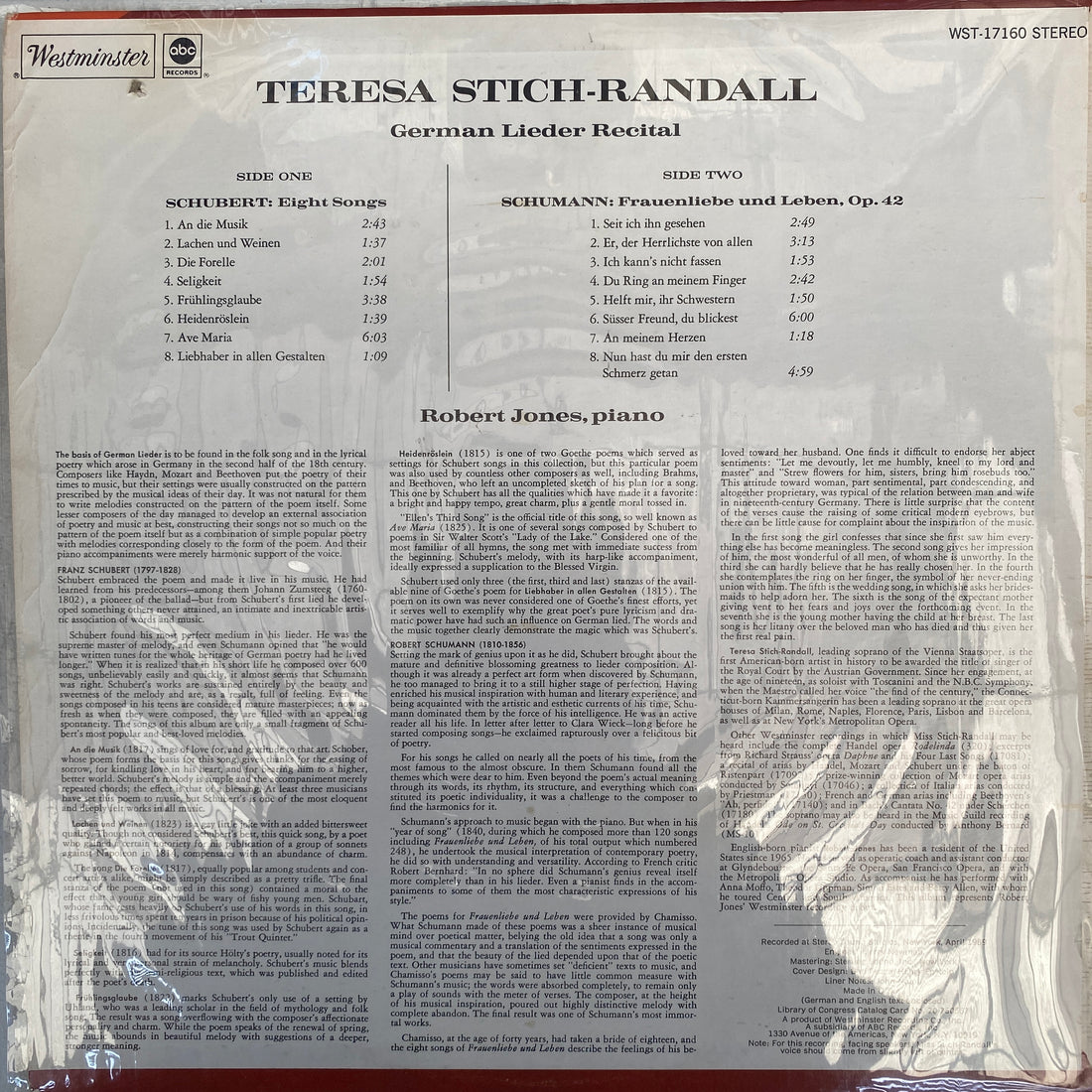 แผ่นเสียง Teresa Stich-Randall / Franz Schubert / Robert Schumann - German Lieder Recital Vinyl VG+