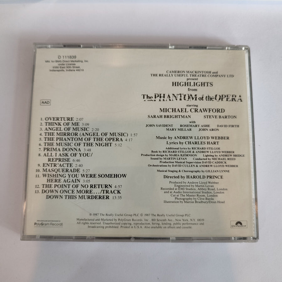 Andrew Lloyd Webber, Michael Crawford, Sarah Brightman, Steve Barton - Highlights From The Phantom Of The Opera (The Original Cast Recording) (CD) (VG+)