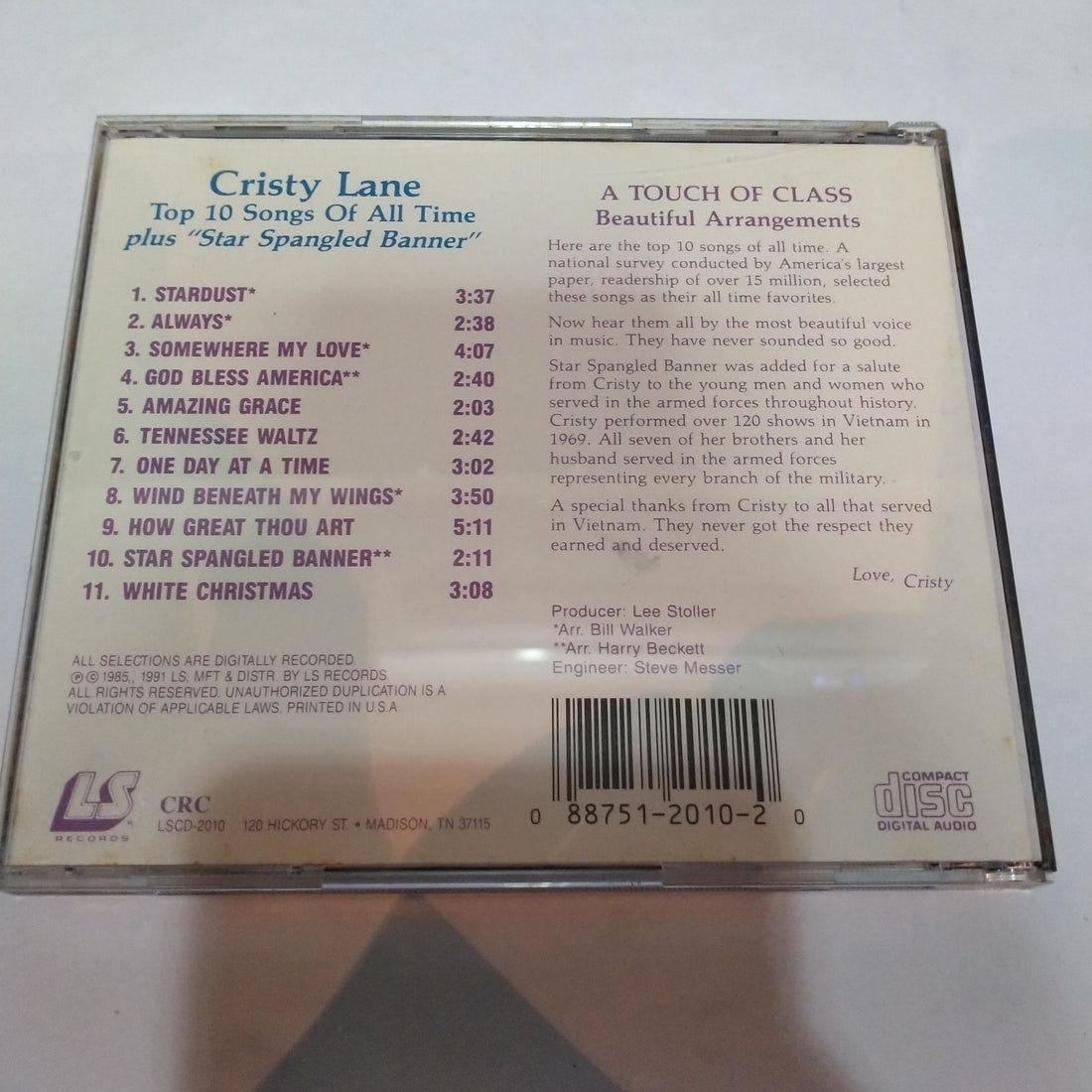 ซีดี Cristy Lane - Top 10 Songs Of All Time Plus "Star Spangled Banner" (CD) (VG+)