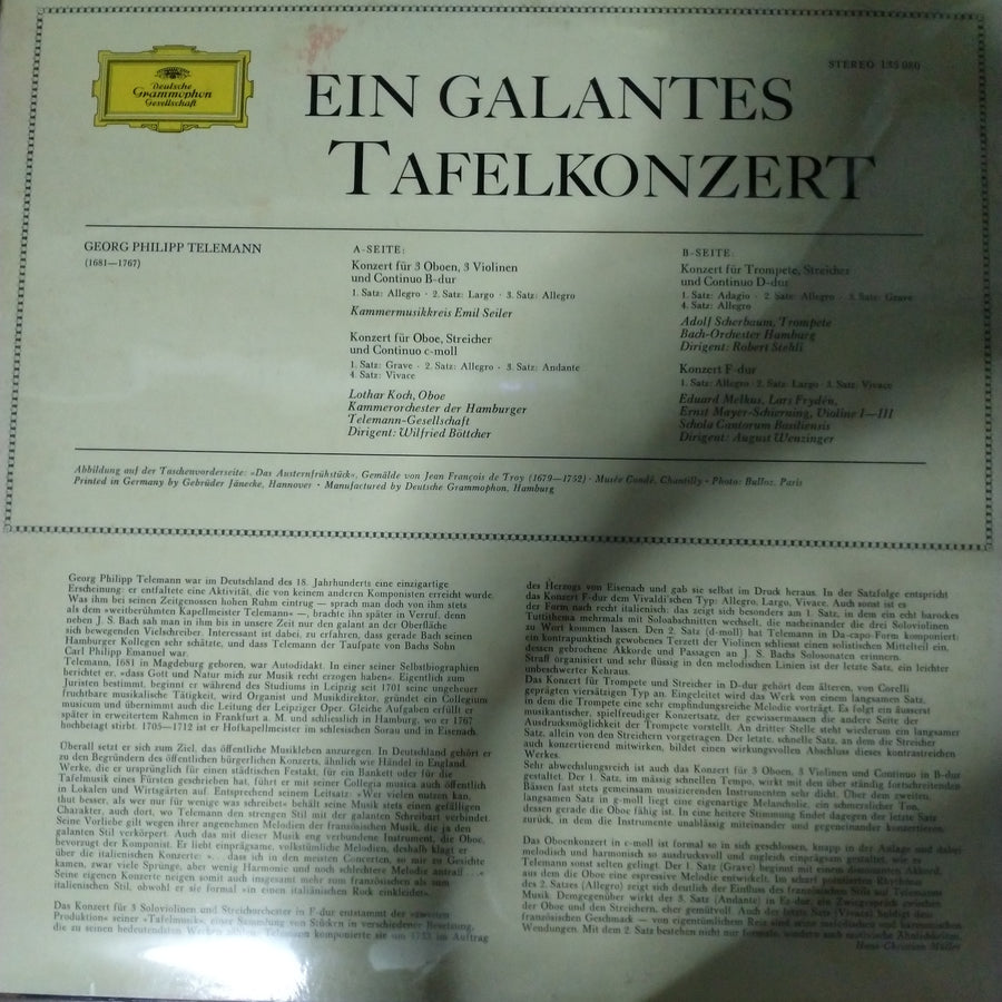 แผ่นเสียง Georg Philipp Telemann, Adolf Scherbaum • Lothar Koch, Schola Cantorum Basiliensis • August Wenzinger, Kammermusikkreis Emil Seiler - Ein Galantes Tafelkonzert (4 Instrumentalkonzerte) (Vinyl) (VG+)