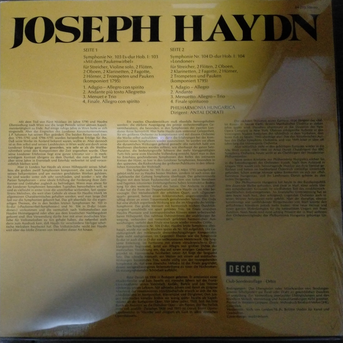 แผ่นเสียง Joseph Haydn - Philharmonia Hungarica, Antal Dorati - Symphony No. 103 Es-dur "Mit Dem Paukenwirbel" • Symphony No. 104 D-dur "Londoner" (Vinyl) (VG+)