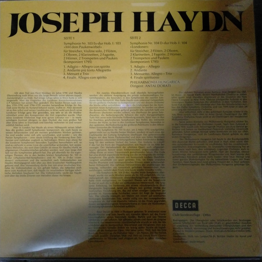 แผ่นเสียง Joseph Haydn - Philharmonia Hungarica, Antal Dorati - Symphony No. 103 Es-dur "Mit Dem Paukenwirbel" • Symphony No. 104 D-dur "Londoner" (Vinyl) (VG+)