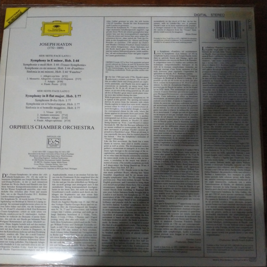 แผ่นเสียง Joseph Haydn - Orpheus Chamber Orchestra - Symphonies No. 44 "Trauer-Symphonie - Funebre" • No. 77 (Vinyl) (VG+)