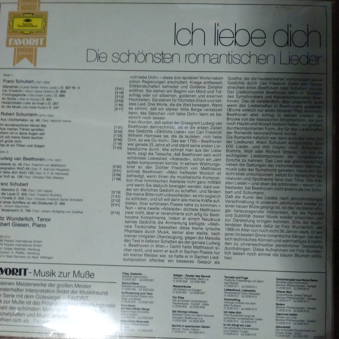 แผ่นเสียง Fritz Wunderlich - Ich Liebe Dich Die Schönsten Romantischen Lieder Vinyl VG+