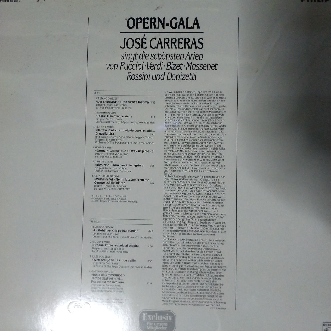 José Carreras - José Carreras Singt Die Schönsten Arien Von Puccini·Verdi·Bizet·Massenet·Rossini Und Donizetti (Vinyl) (VG+)