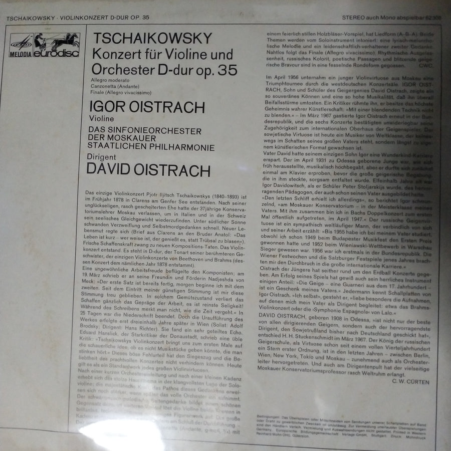 แผ่นเสียง Pyotr Ilyich Tchaikovsky, Igor Oistrach, David Oistrach, Moscow Philharmonic Orchestra - Konzert Für Violine Und Orchester D-Dur Op. 35 (Vinyl) (VG+)