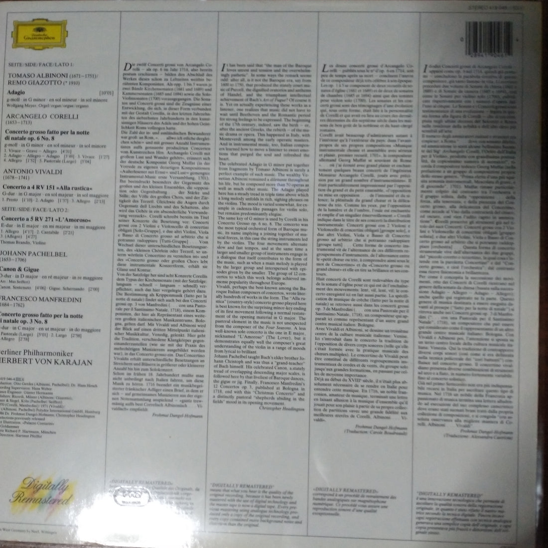 แผ่นเสียง Tomaso Albinoni, Arcangelo Corelli, Antonio Vivaldi, Johann Pachelbel, Francesco Manfredini / Herbert Von Karajan & Berliner Philharmoniker - Adagio / Kanon & Gigue / Concerti Grossi / Concerti "Alla Rustica" & "L'Amoroso" (Vinyl) (VG+)