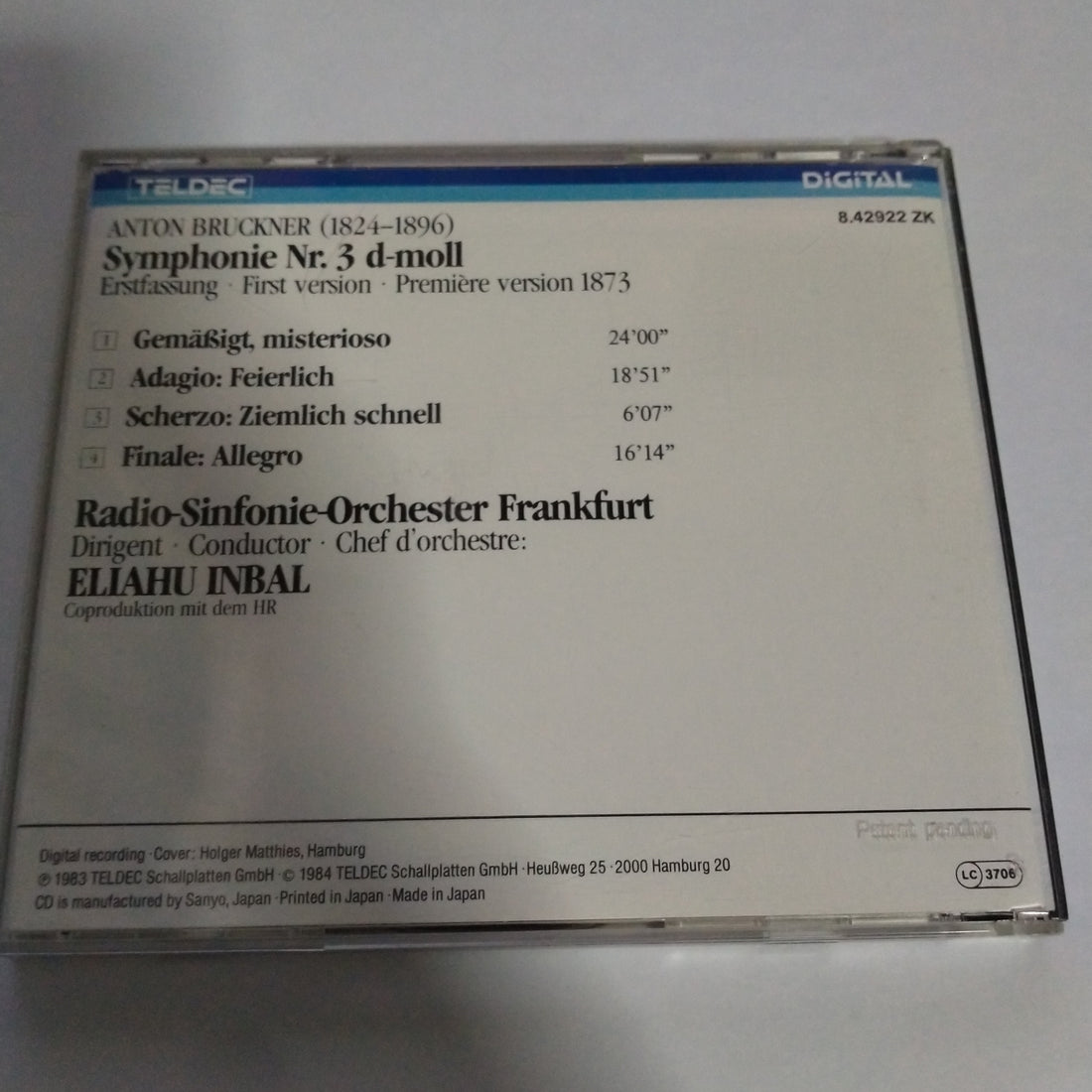 ซีดี Anton Bruckner, Radio-Sinfonie-Orchester Frankfurt, Eliahu Inbal - Symphonie No. 3 - First Version (CD) (VG+)