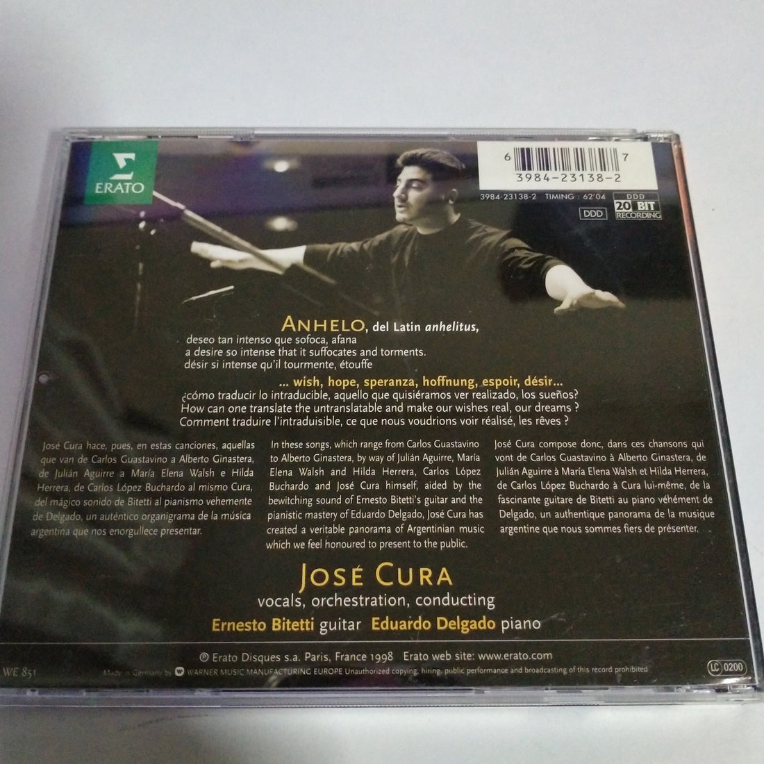 ซีดี José Cura Featuring Ernesto Bitetti, Eduardo Delgado - Anhelo, Argentinian Songs CD VG+