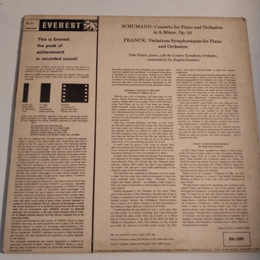 แผ่นเสียง Robert Schumann - César Franck / Peter Katin With The London Symphony Orchestra Conducted By Sir Eugene Goossens - Concerto For Piano And Orchestra In A Minor, Op. 54 / Variations Symphoniques For Piano And Orchestra Vinyl G+