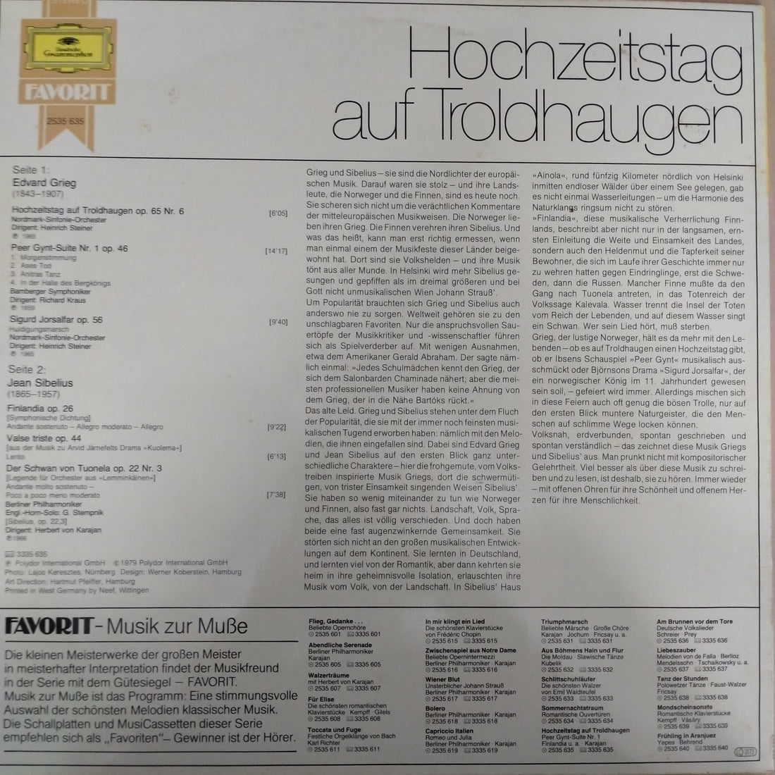 แผ่นเสียง Edvard Grieg / Jean Sibelius - Hochzeitstag Auf Troldhagen / Peer Gynt-Suite Nr. 1 / Der Schwan Von Tuonela / Finlandia U. A.  (Vinyl) (VG+)