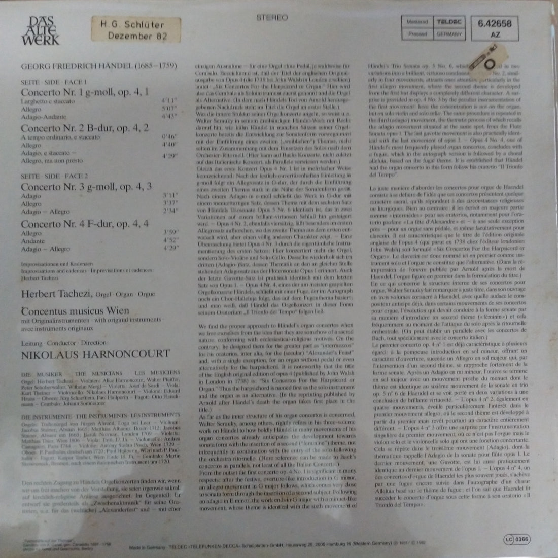 Georg Friedrich Händel - Herbert Tachezi, Concentus Musicus Wien, Nikolaus Harnoncourt - Orgelkonzerte (Vol. 1) Op. 4, Nr. 1-4 (Vinyl) (VG+)