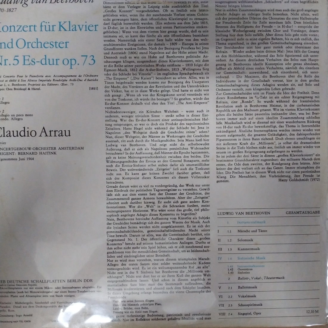 Ludwig van Beethoven - Claudio Arrau, Concertgebouworkest, Bernard Haitink - Konzert Für Klavier Und Orchester Nr. 5 Es-dur Op. 73 (Vinyl) (VG+)