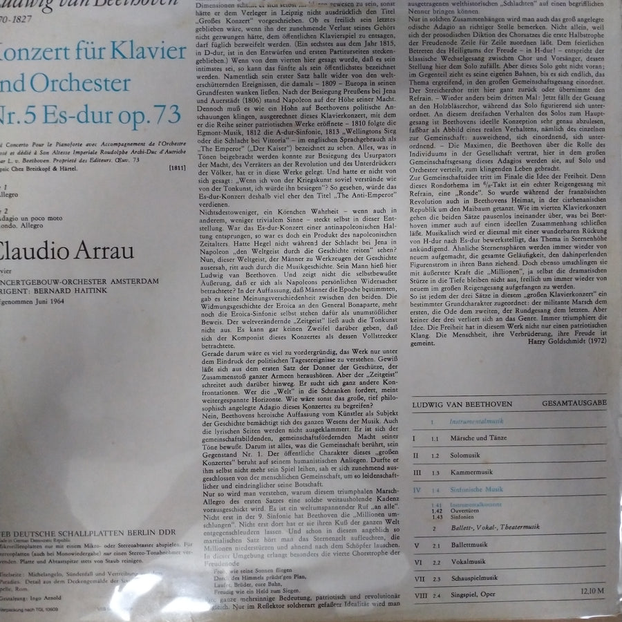 แผ่นเสียง Ludwig van Beethoven - Claudio Arrau, Concertgebouworkest, Bernard Haitink - Konzert Für Klavier Und Orchester Nr. 5 Es-dur Op. 73 (Vinyl) (VG+)