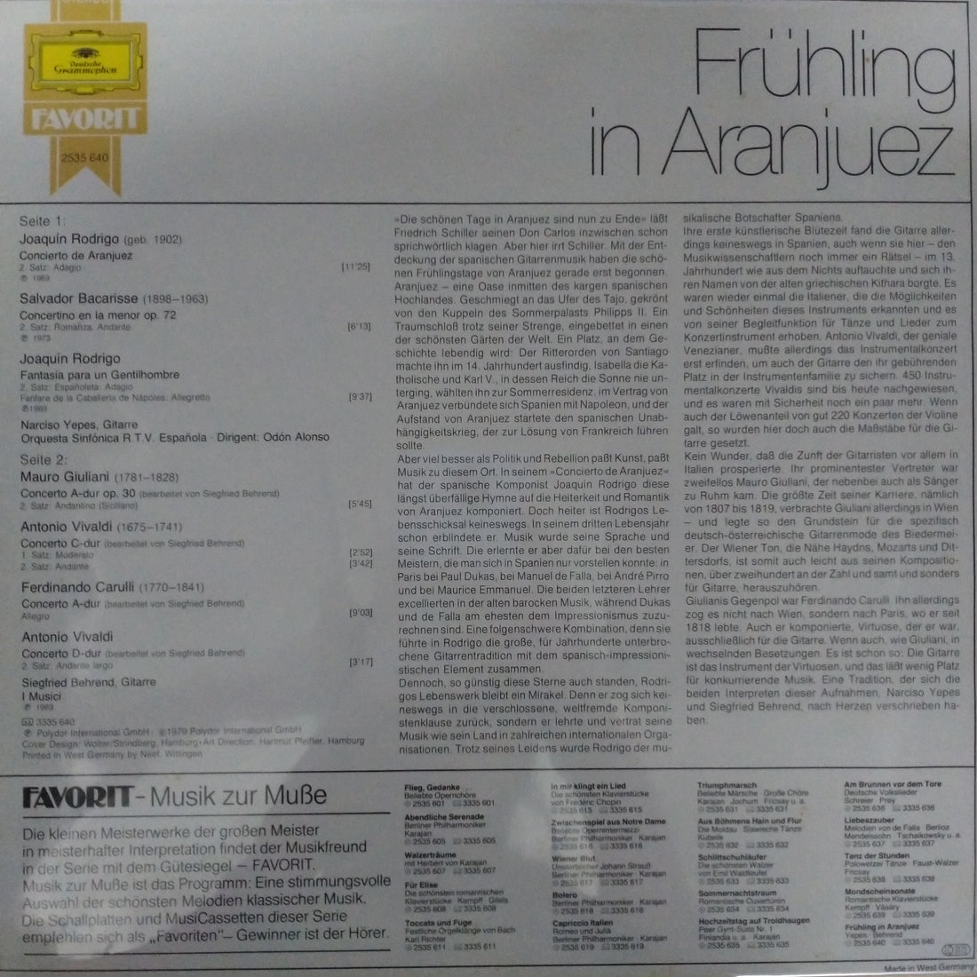 แผ่นเสียง Joaquín Rodrigo · Mauro Giuliani · Antonio Vivaldi - Narciso Yepes / Siegfried Behrend - Frühling In Aranjuez (Romantische Gitarrenkonzerte) (Vinyl) (VG+)