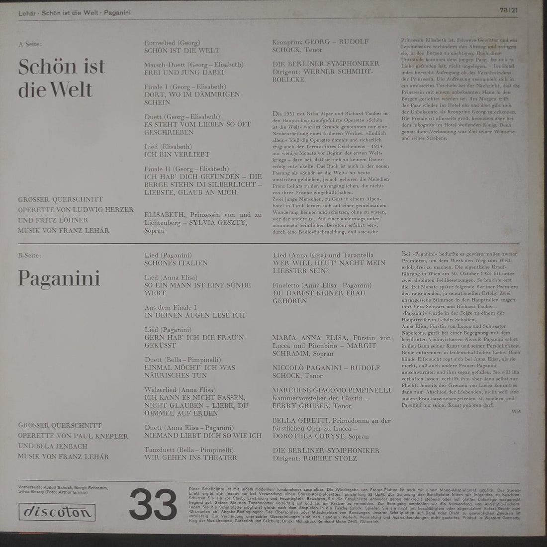 แผ่นเสียง Franz Lehár - Schön Ist Die Welt / Paganini (Große Querschnitte) (Vinyl) (VG+)