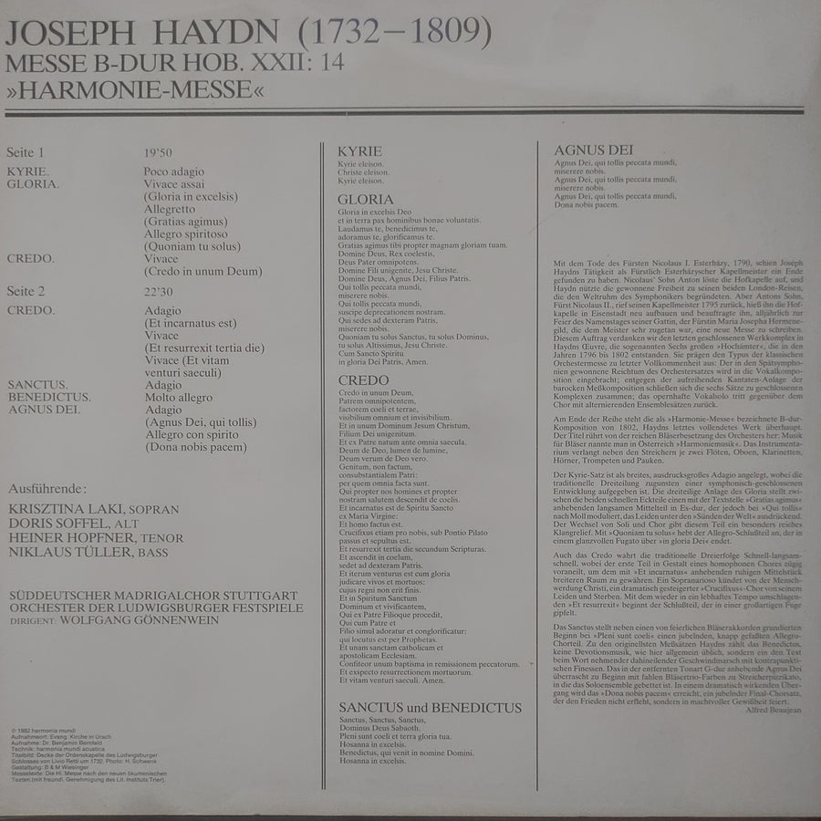 แผ่นเสียง Joseph Haydn — Krisztina Laki, Doris Soffel, Heiner Hopfner, Niklaus Tüller, Der Süddeutsche Madrigalchor, Orchester Der Ludwigsburger Schlossfestspiele, Wolfgang Gönnenwein - Harmonie-Messe (Vinyl) (VG)