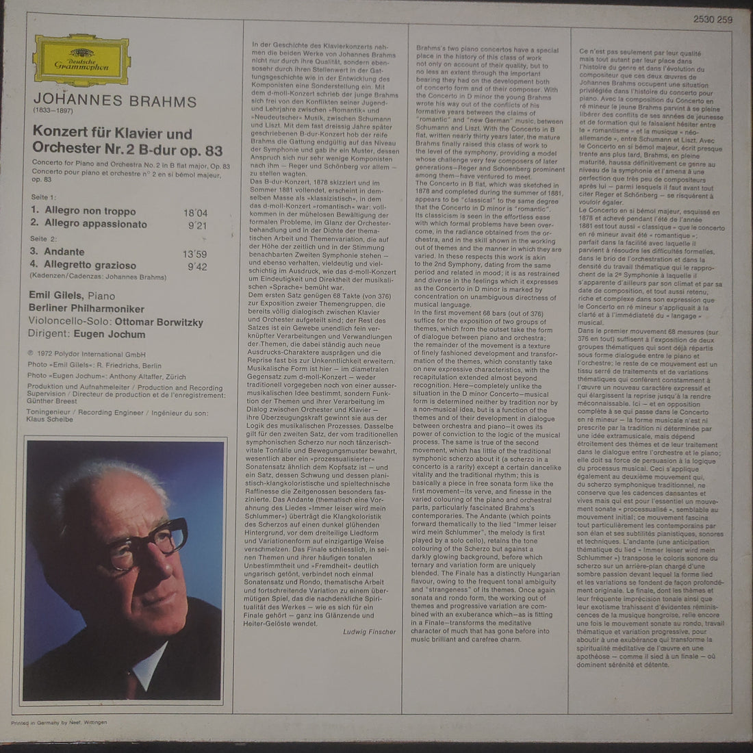 แผ่นเสียง Johannes Brahms - Emil Gilels, Berliner Philharmoniker, Eugen Jochum - Klavierkonzert Nr. 2 B-dur, Opus 83 (Vinyl) (VG)