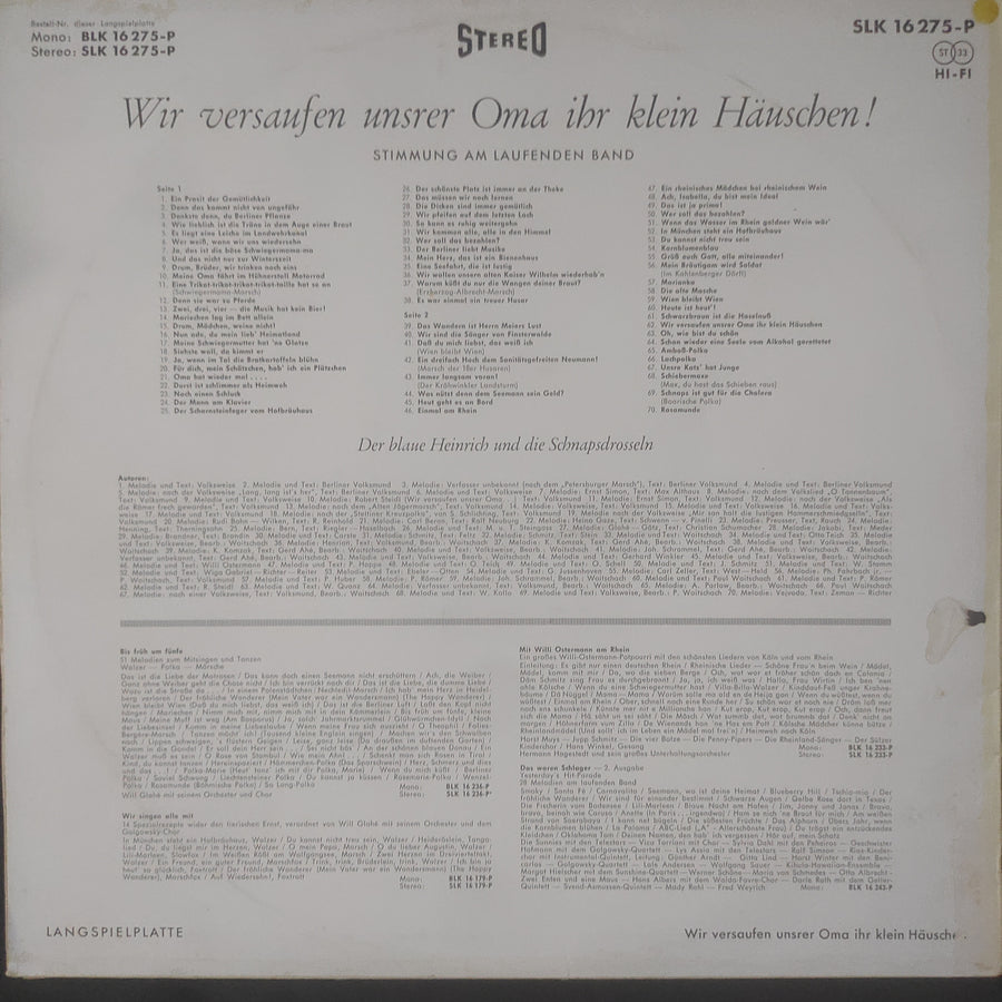 แผ่นเสียง Der Blaue Heinrich Und Die Schnapsdrosseln - Wir Versaufen Unsrer Oma Ihr Klein Hauschen Vinyl VG+