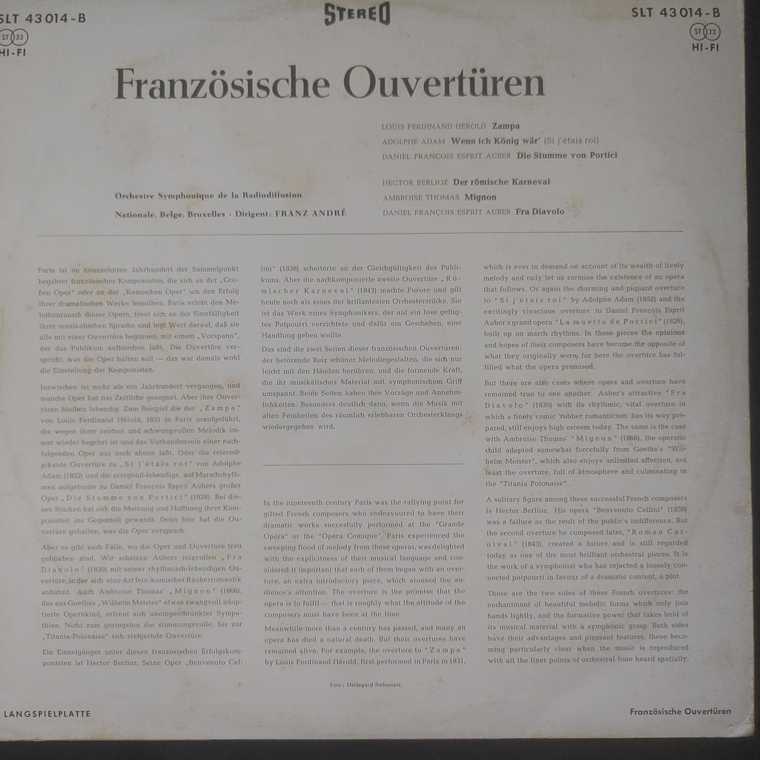 แผ่นเสียง Ferdinand Hérold, Adolphe C. Adam, Daniel-Francois-Esprit Auber, Hector Berlioz, Ambroise Thomas, Franz André, Orchestre Symphonique De La RTBF - Französische Ouvertüren (Vinyl) (VG+)