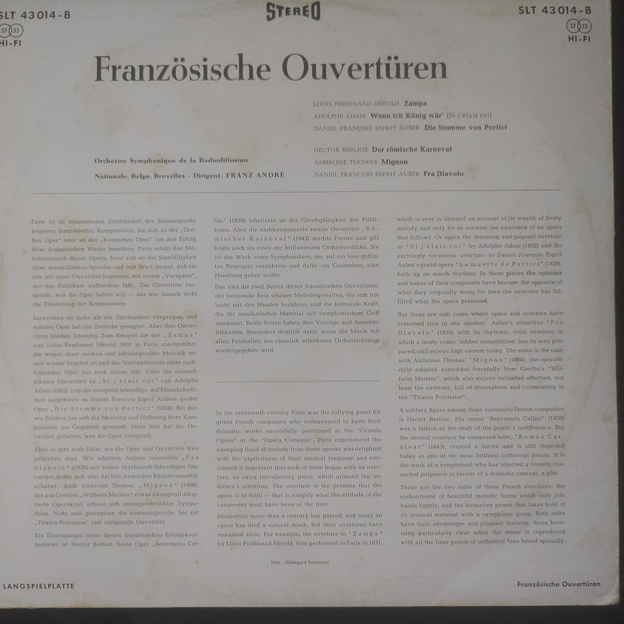 แผ่นเสียง Ferdinand Hérold, Adolphe C. Adam, Daniel-Francois-Esprit Auber, Hector Berlioz, Ambroise Thomas, Franz André, Orchestre Symphonique De La RTBF - Französische Ouvertüren (Vinyl) (VG+)