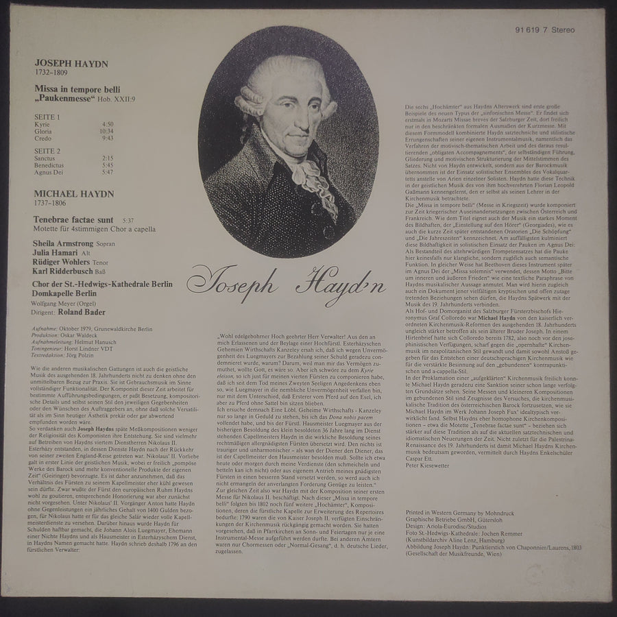 แผ่นเสียง Joseph Haydn, Chor Der St. Hedwigs-Kathedrale Berlin, Berliner Domkapelle, Roland Bader - Missa In Tempore Belli »Paukenmesse« (Vinyl) (VG+)