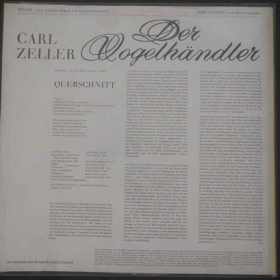 แผ่นเสียง Carl Zeller - Der Vogelhändler (Querschnitt) (Vinyl) (VG)