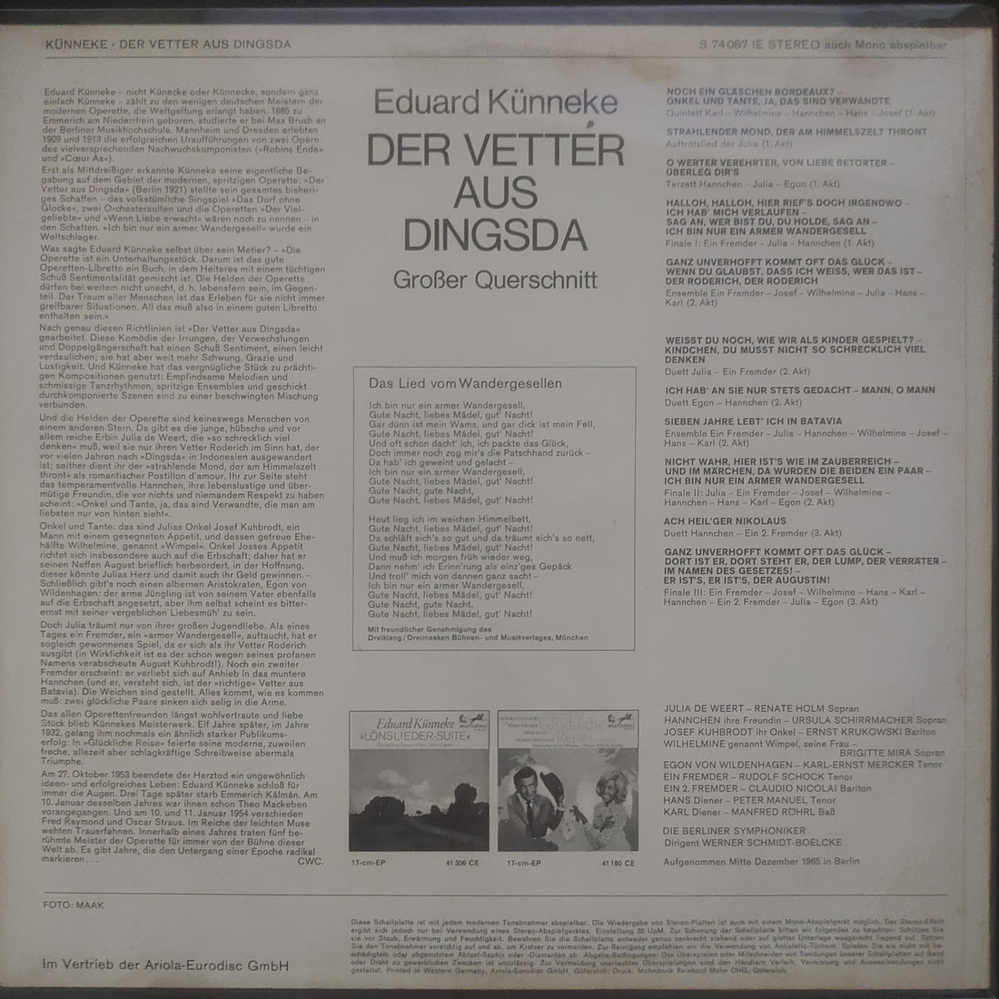 แผ่นเสียง Eduard Künneke - Renate Holm, Rudolf Schock - Der Vetter Aus Dingsda (Großer Querschnitt) (Vinyl) (VG+)