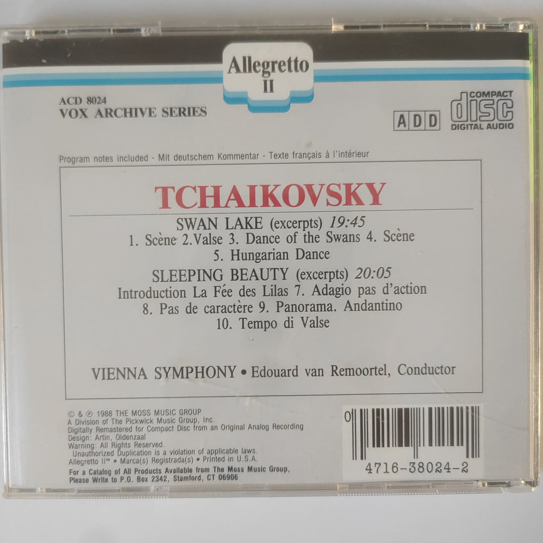 ซีดี Pyotr Ilyich Tchaikovsky - Wiener Symphoniker, Edouard Van Remoortel - Swan Lake (Excerpts) / Sleeping Beauty (Excerpts) (CD) (VG+)