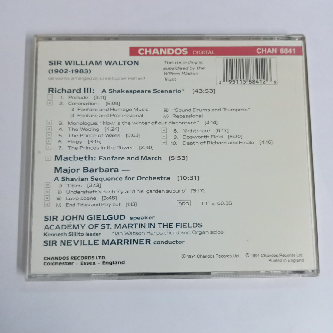 ซีดี Sir William Walton - John Gielgud, The Academy Of St. Martin-in-the-Fields, Sir Neville Marriner - Richard III; Macbeth; Major Barbara (CD) (VG+)