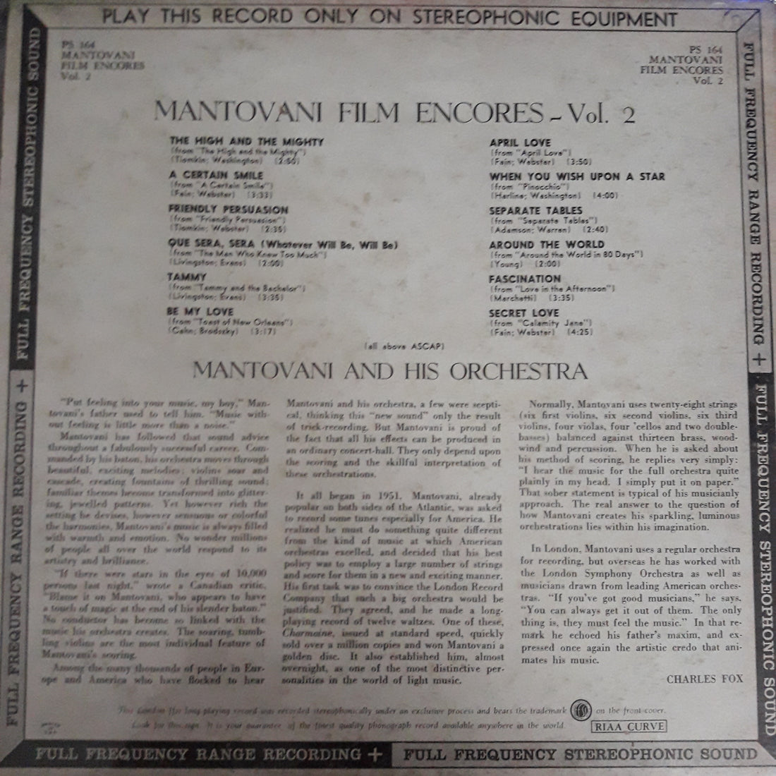 แผ่นเสียง Mantovani And His Orchestra - Film Encores Vol. 2 (Vinyl) (VG)