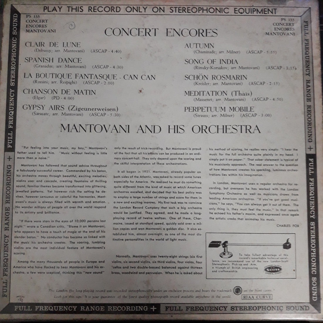 แผ่นเสียง Mantovani And His Orchestra - Concert Encores (Vinyl) (VG+)