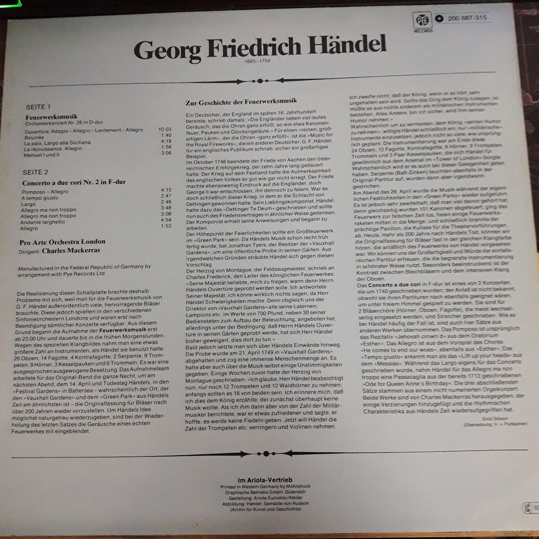 แผ่นเสียง Georg Friedrich Handel - Feuerwerksmusik Erstfassung Fur Blaser (Vinyl) (VG+)