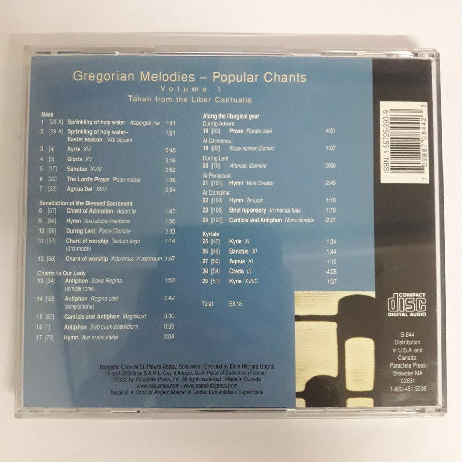 ซีดี Chœur Des Moines De L'Abbaye Saint-Pierre De Solesmes, Richard Gagné - Gregorian Melodies - Popular Chants, Volume 1 CD VG+