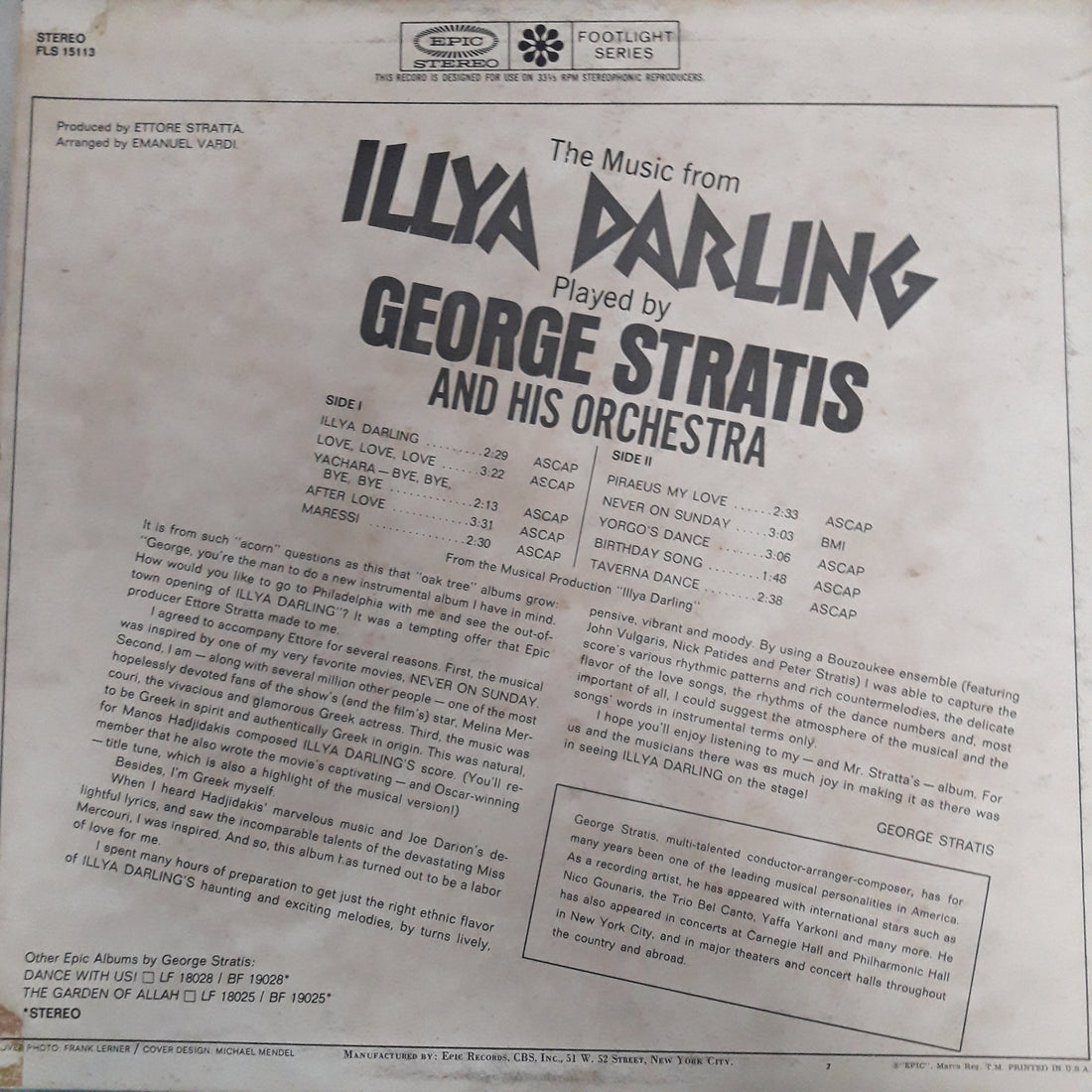 แผ่นเสียง ILLYA DARLING - George Stratis And His Orchestra - The Music From ILLYA DARLING (Vinyl) (VG+)