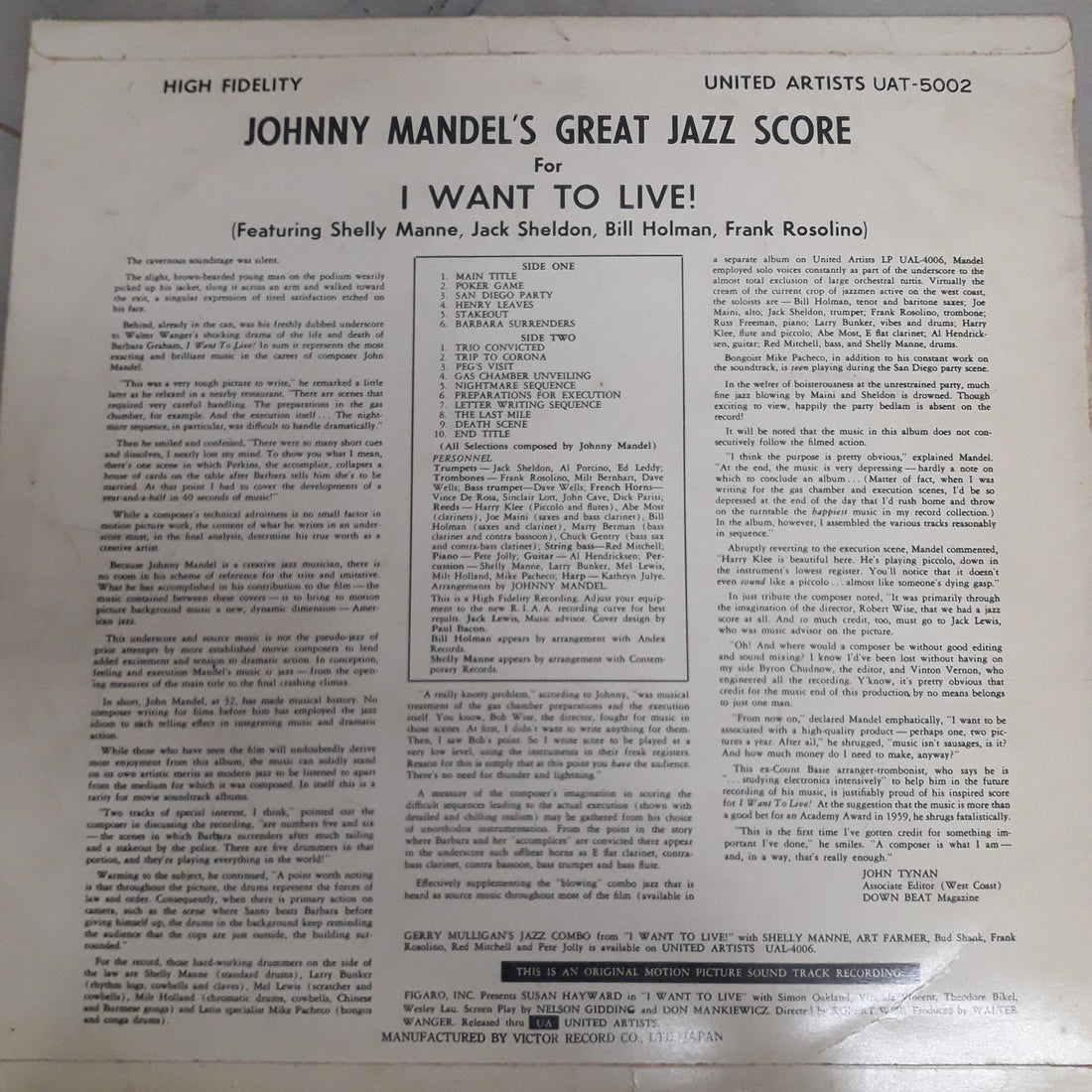 แผ่นเสียง Johnny Mandei's Gerat Jazz Score i Want to Live (Vinyl) (VG+)