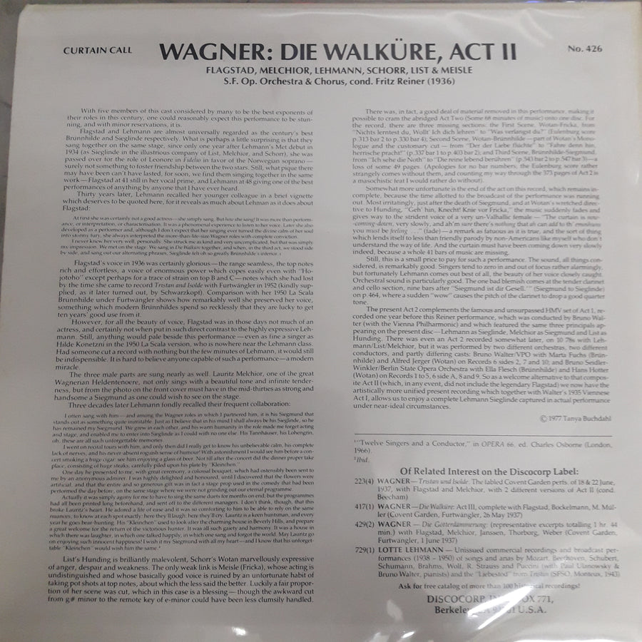 แผ่นเสียง Richard Wagner - Kirsten Flagstad & Lotte Lehmann, Kathryn Meisle, Lauritz Melchior, Friedrich Schorr, Emanuel List cond. Fritz Reiner - Die Walküre, Act II (Vinyl) (VG+)