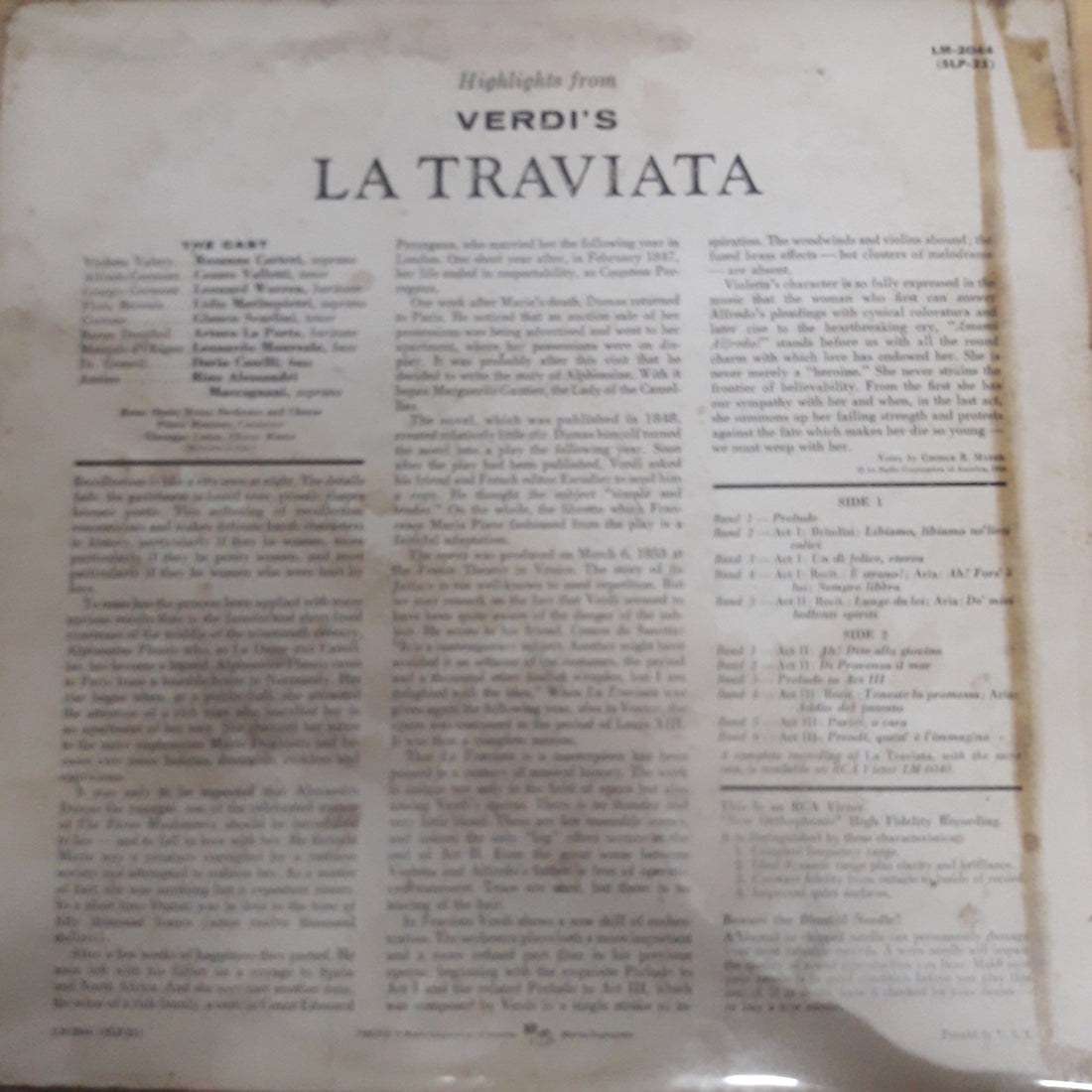 แผ่นเสียง Giuseppe Verdi, Orchestra Del Teatro Dell'Opera Di Roma & Coro Del Teatro Dell'Opera Di Roma, Pierre Monteux, Rosanna Carteri, Cesare Valletti, Leonard Warren - La Traviata - Highlights Vinyl VG+