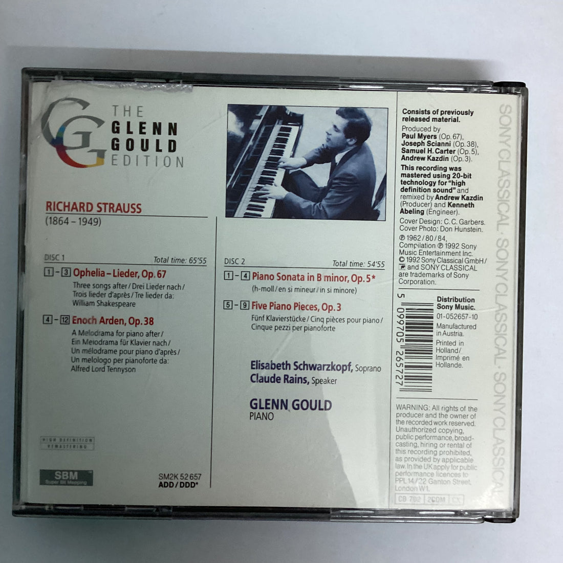 ซีดี Glenn Gould, Richard Strauss, Elisabeth Schwarzkopf, Claude Rains - Ophelia-Lieder, Op. 67; Enoch Arden, Op. 38; Piano Sonata, Op. 5; 5 Piano Pieces, Op. 3 CD VG+ 2CDs