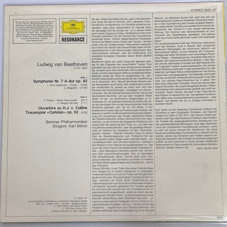 แผ่นเสียง Berliner Philharmoniker, Karl Böhm, Ludwig van Beethoven - Symphony No. 7 ("Cariolan"-Ouvertüre) (Vinyl) (VG+)