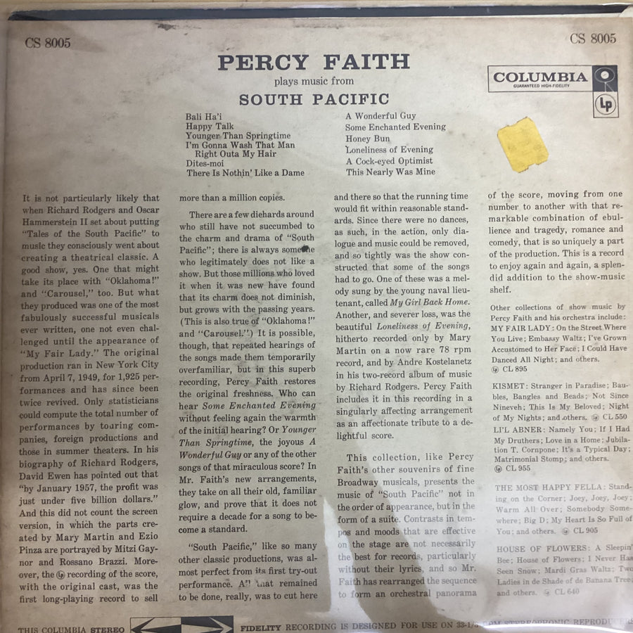 แผ่นเสียง Percy Faith - South Pacific Vinyl VG+