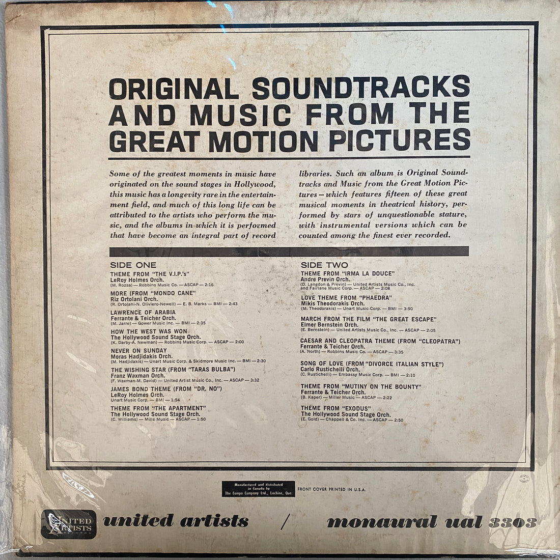 แผ่นเสียง Various - Original Soundtracks And Music From The Great Motion Pictures Vinyl VG+