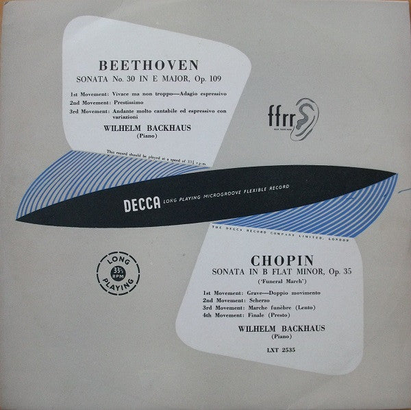 Ludwig van Beethoven / Frédéric Chopin, Wilhelm Backhaus : Sonata No. 30 In E Major, Op. 109 / Sonata In B Flat Minor, Op. 35 ("Funeral March") (LP, Mono)