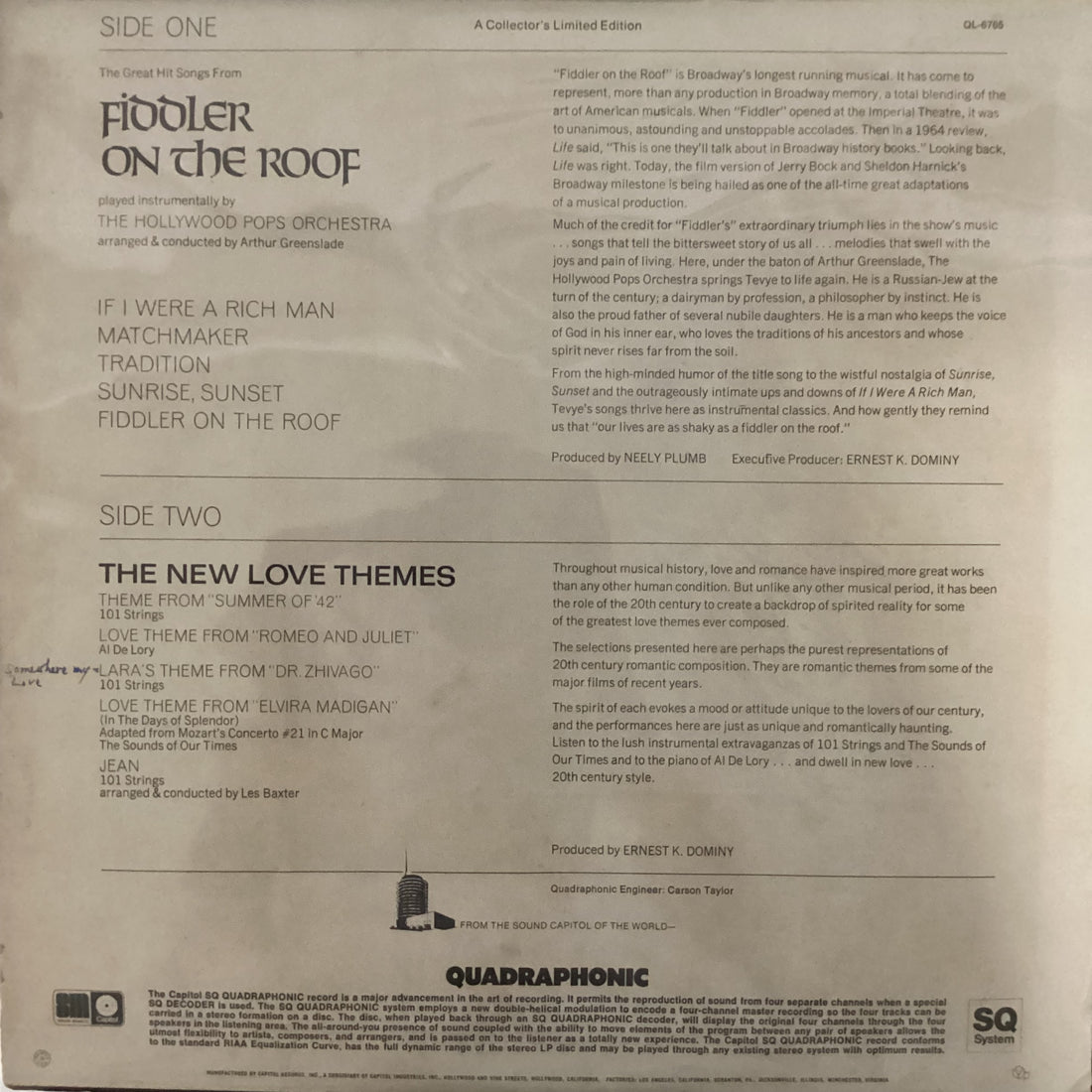 Hollywood Pops Orchestra - The Great Hit Songs From Fiddler On The Roof And The New Love Themes Vinyl VG+