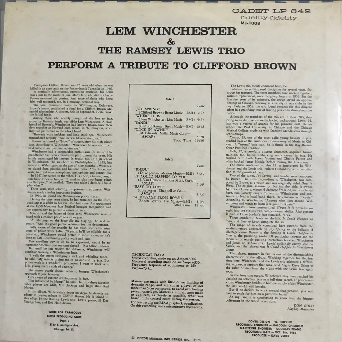 แผ่นเสียง Lem Winchester / The Ramsey Lewis Trio - Perform A Tribute To Clifford Brown Vinyl VG+