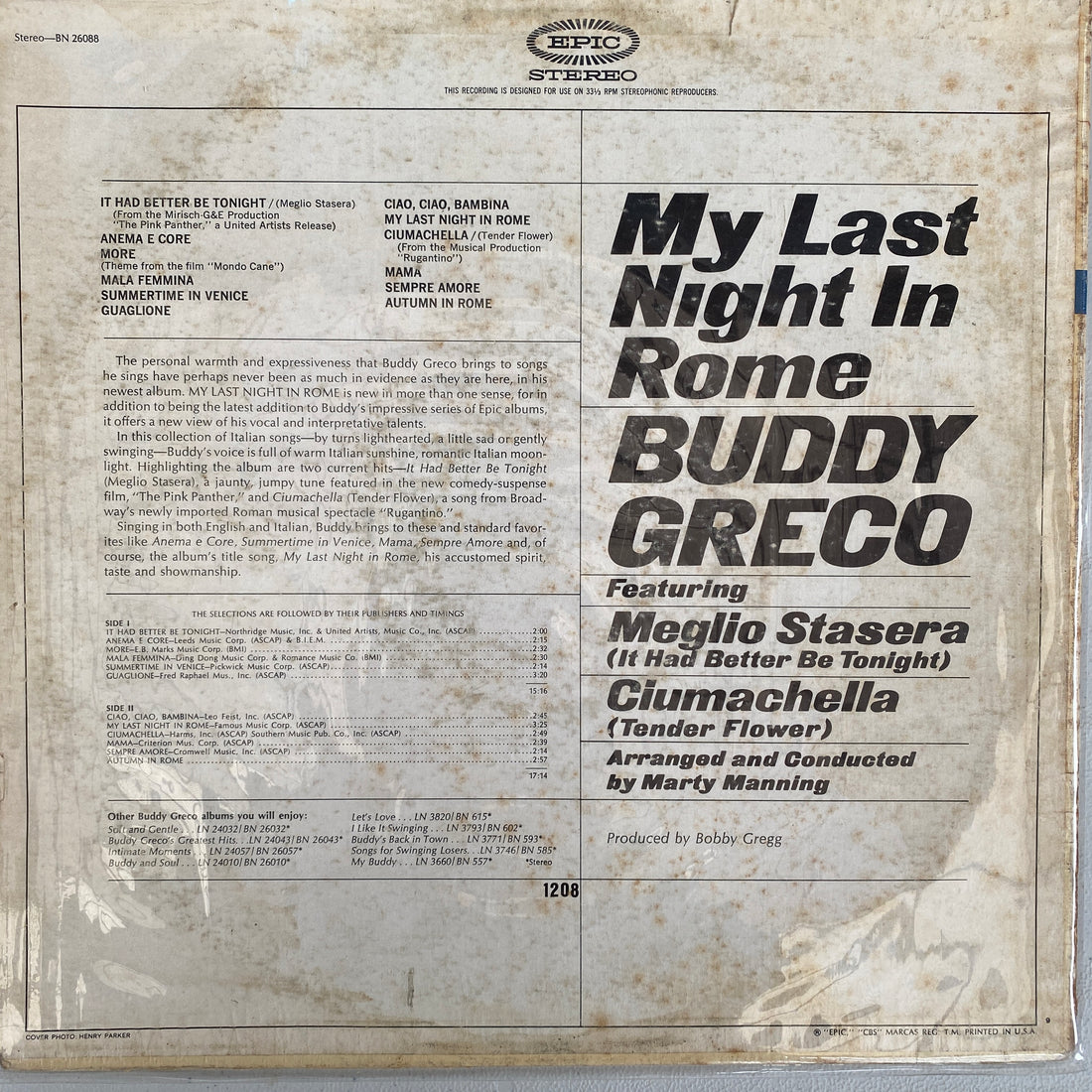 แผ่นเสียง Buddy Greco - My Last Night In Rome Vinyl VG+