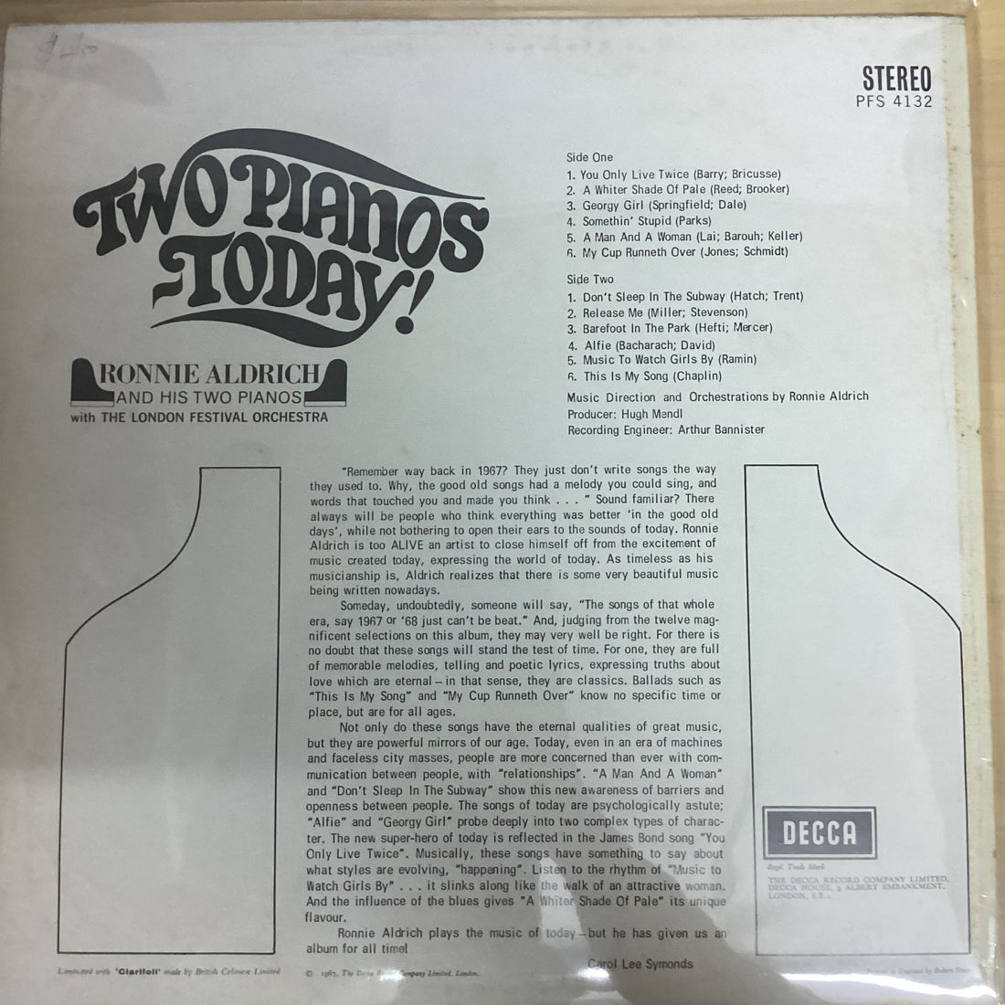 แผ่นเสียง Ronnie Aldrich And His Two Pianos Con La London Festival Orchestra - Two Pianos Today! Vinyl VG+