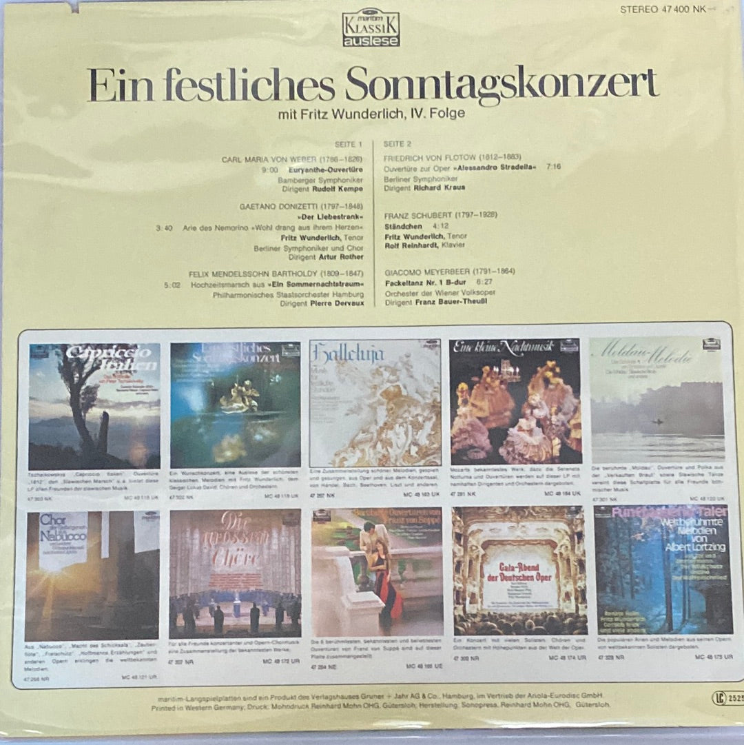 แผ่นเสียง Fritz Wunderlich - Ein Festliches Sonntagskonzert - 4. Folge Vinyl VG+